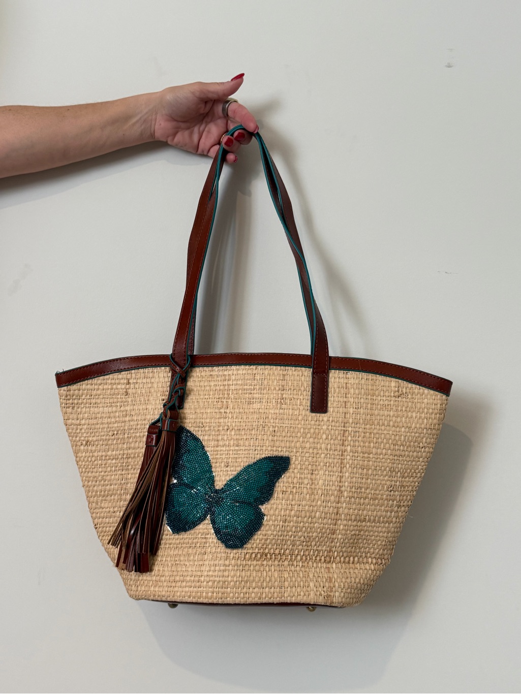 Patricia Nash Beige Straw Tote With Teal Butterfly And Brown Trim